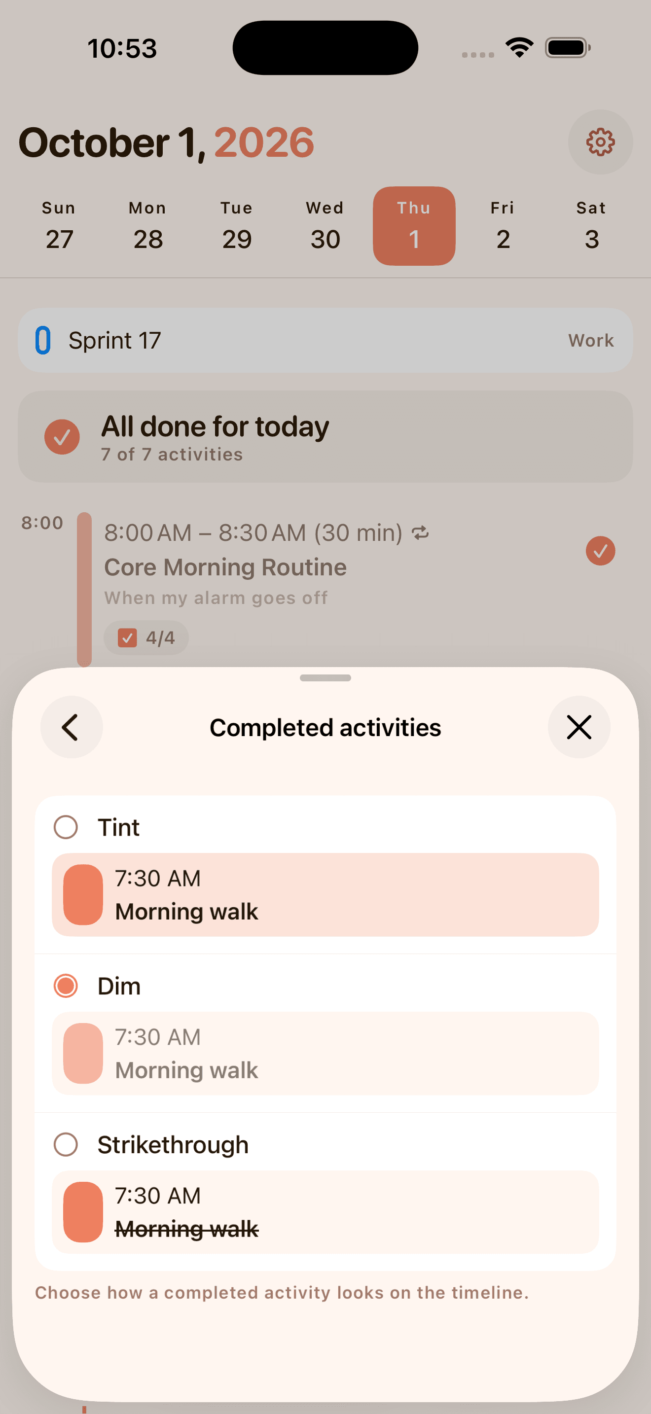 KeepCue Completed activities settings showing Tint, Dim and Strikethrough previews over a Timeline with an All done for today banner