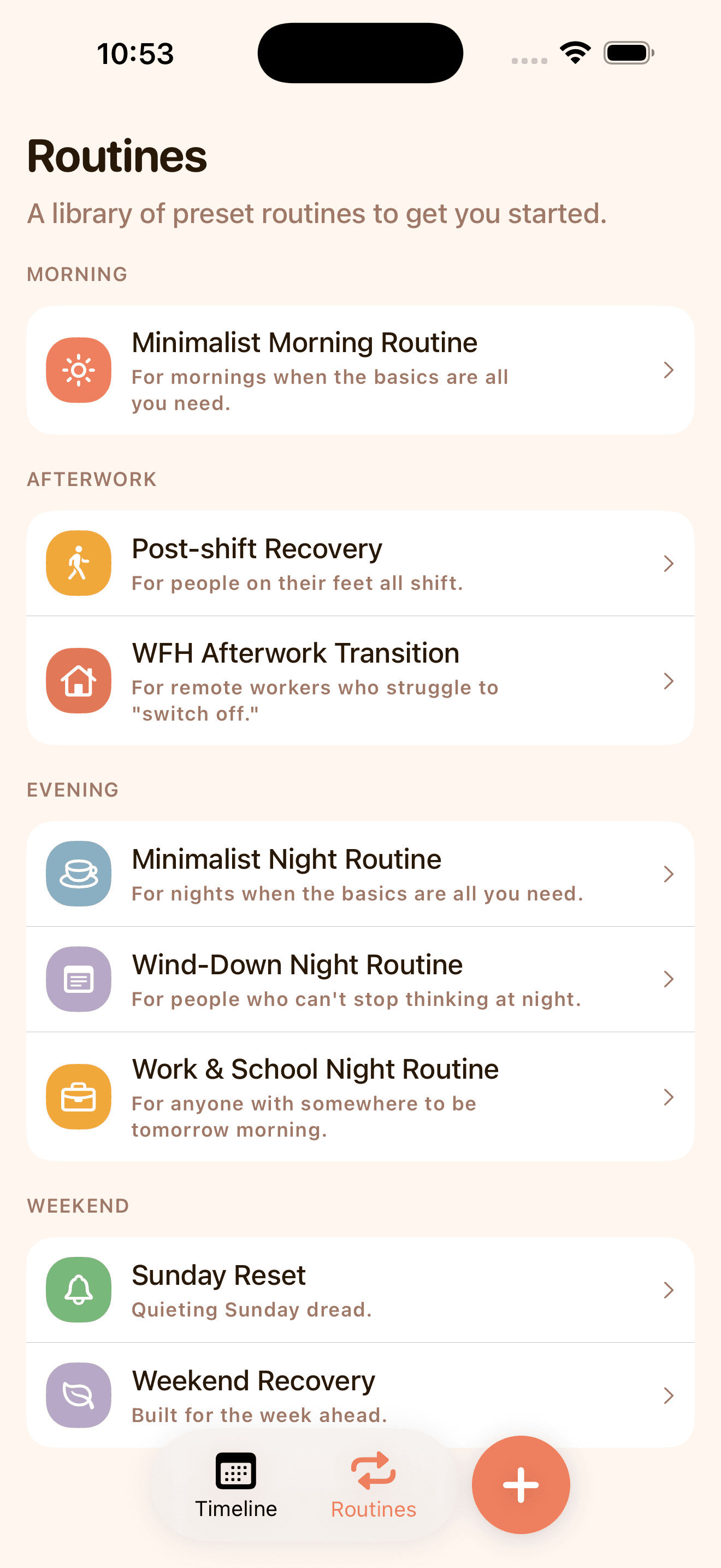 KeepCue Routines tab showing preset routine options