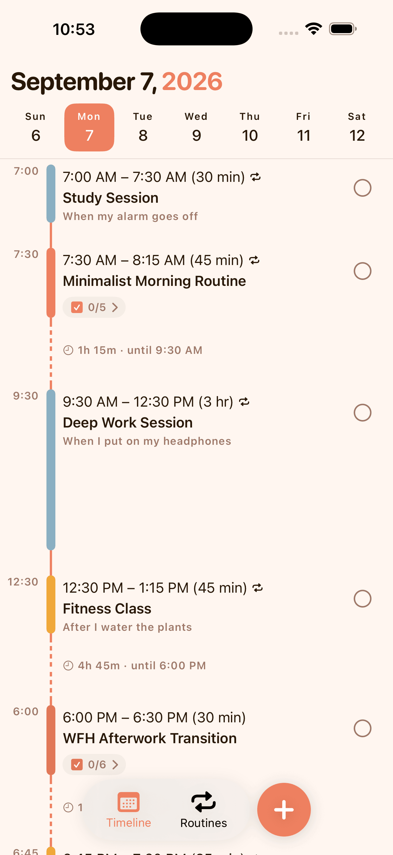 KeepCue Timeline view showing an overlapping task and gap-until label
