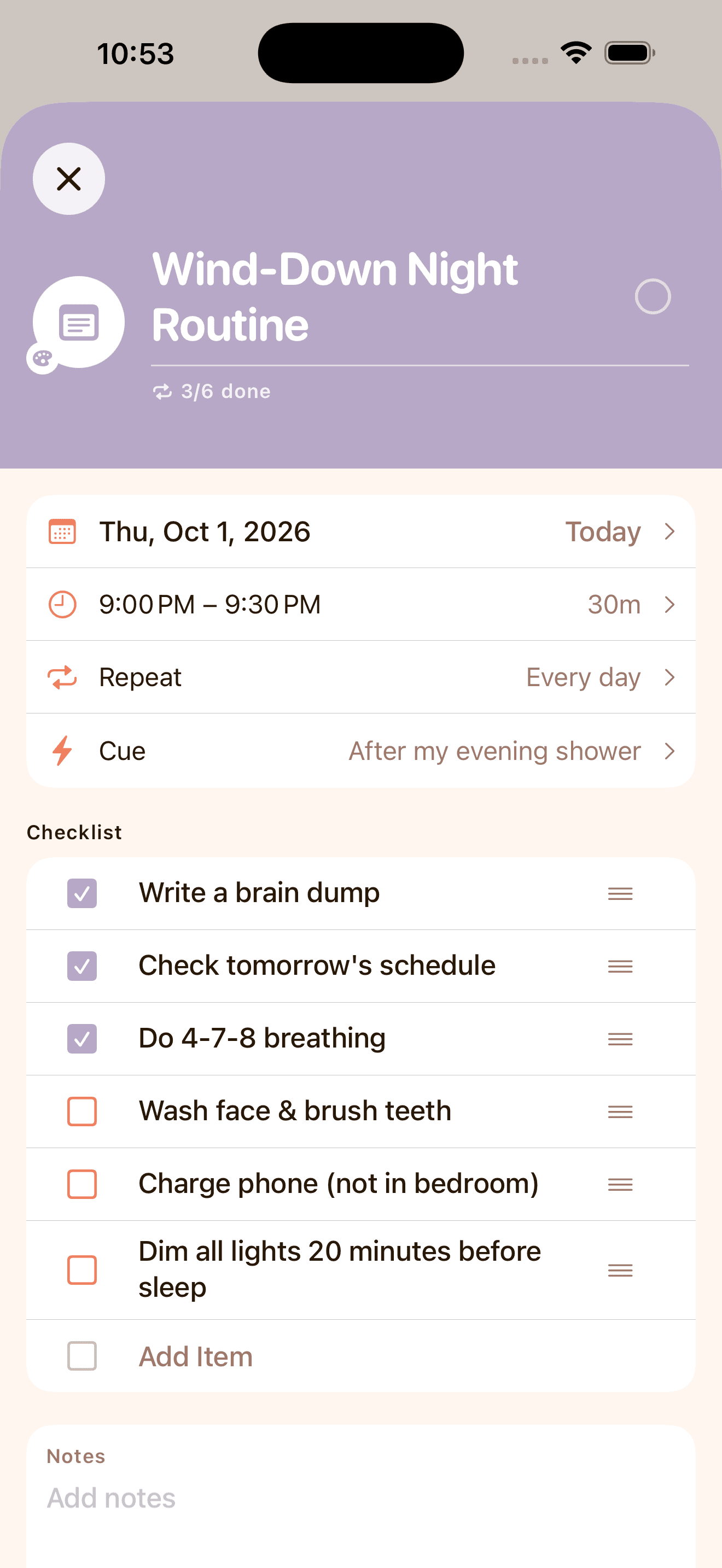 KeepCue activity detail view showing repeat schedule, cue anchor, and checklist