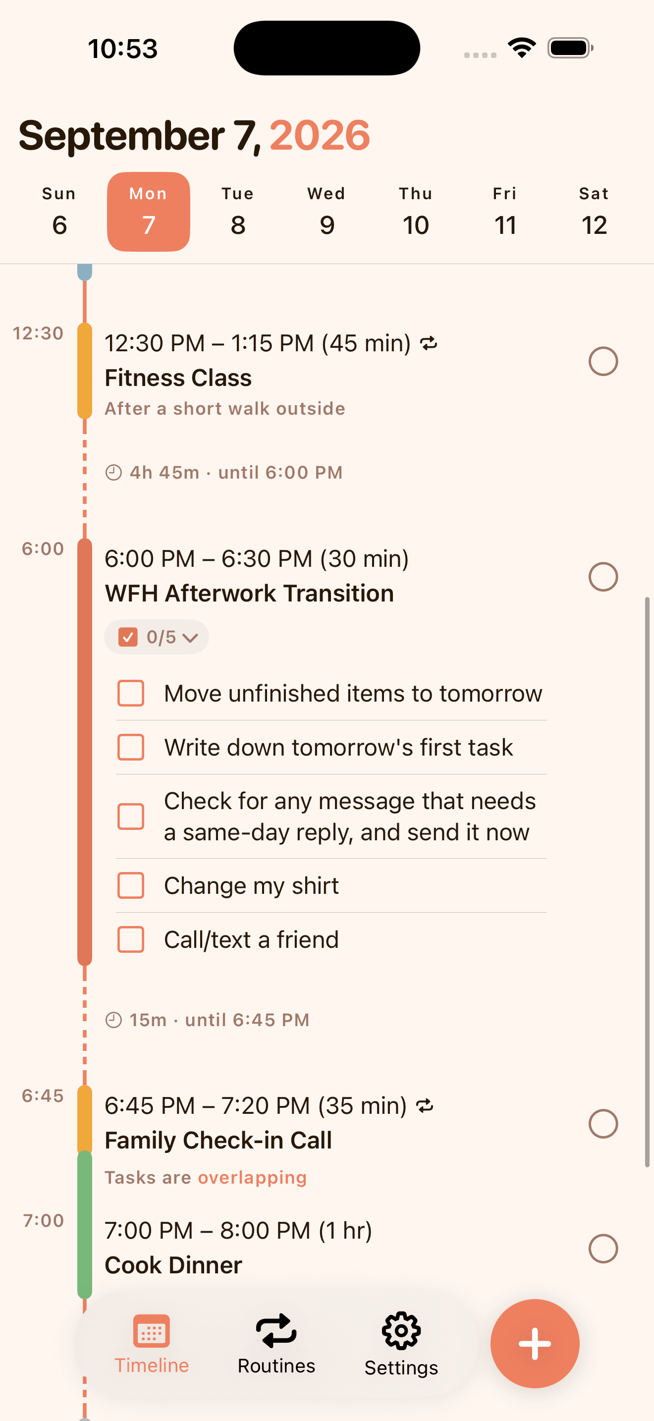 KeepCue Timeline view showing today's tasks