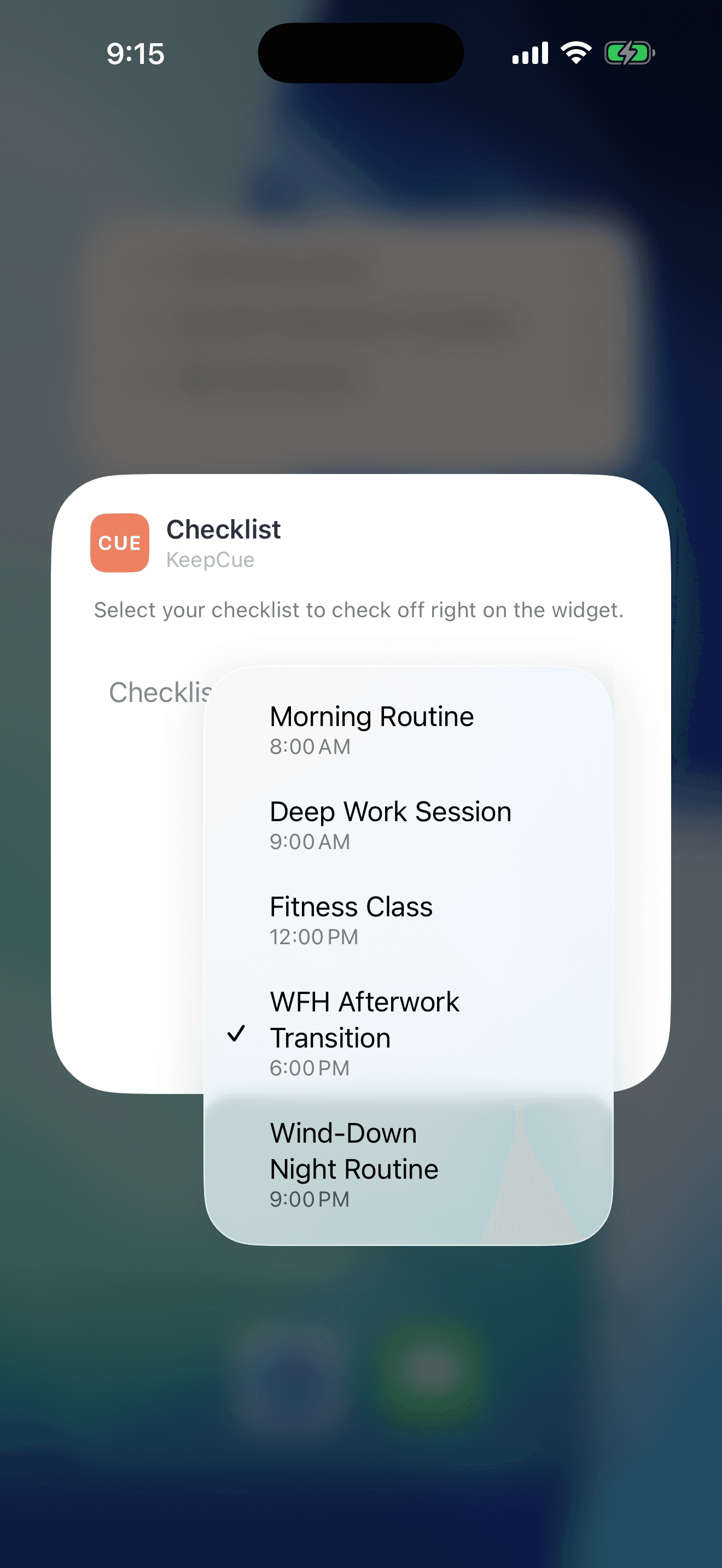 Edit Widget for the checklist widget, with the list of activities that have checklists.