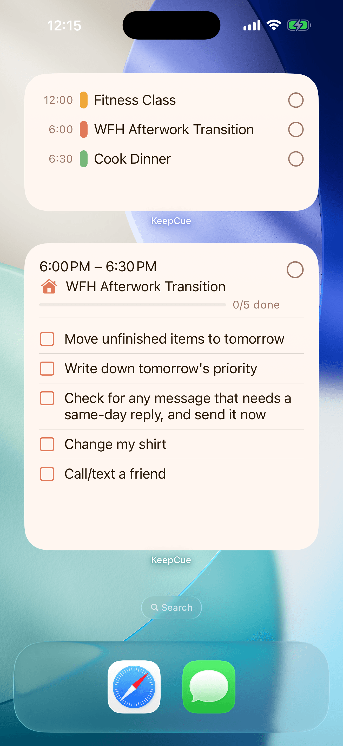 Home Screen with KeepCue's medium widget, showing Fitness Class and the day's next activities, above the checklist widget for the evening routine.