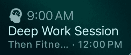 KeepCue's Lock Screen widget showing Deep Work Session at 9:00 AM, then Fitness Class at 12:00 PM.
