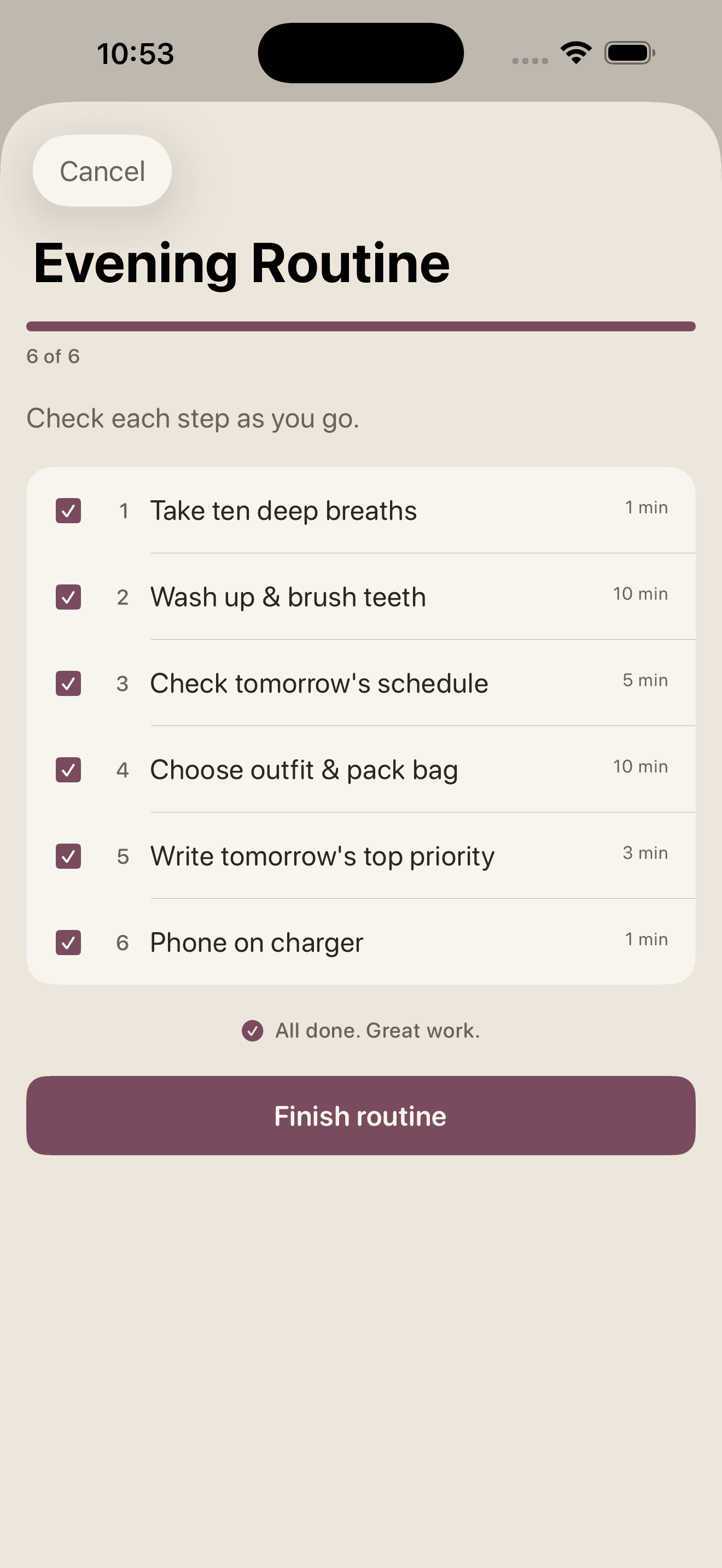 KeepCue app: Evening Routine checklist
